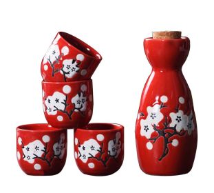 5 Pcs Ceramic Japanese Sake Set ~Traditional 1 Tokkuri Bottle & 4 Ochoko Cups